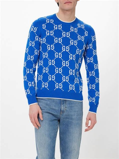 Gucci Gg Intarsia Cotton Sweater Blue Editorialist