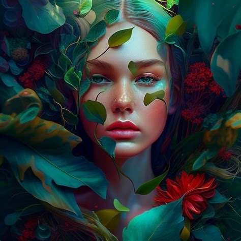 Premium AI Image Painting Of A Woman With Green Leaves And Flowers In