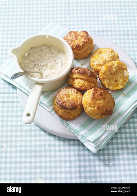 Biscuits Savoury Scones With Creamy Sausage Gravy Stock Photo Alamy