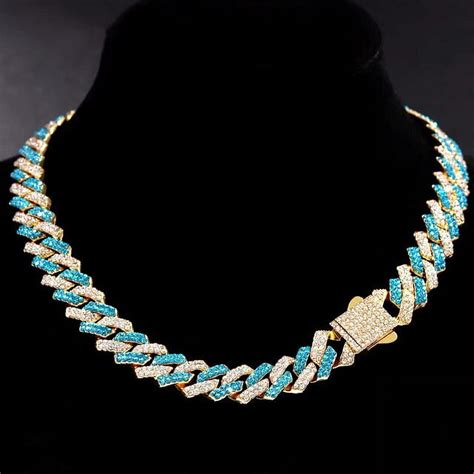 Iced Out Cuban Link Chain Necklace For Women Men 14mm 2 Row Rhinestone Paved Prong Rhomb Cuban