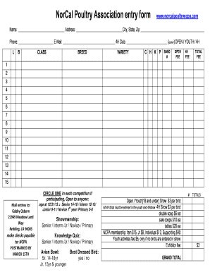 Fillable Online NorCal Poultry Association Entry Form