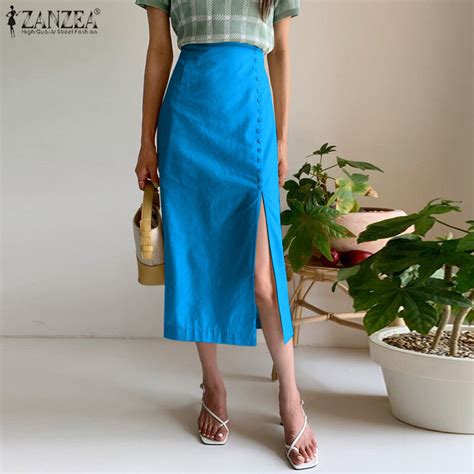 Clearance Sale Esolo ZANZEA Korean Style Women High Waist Button Trim