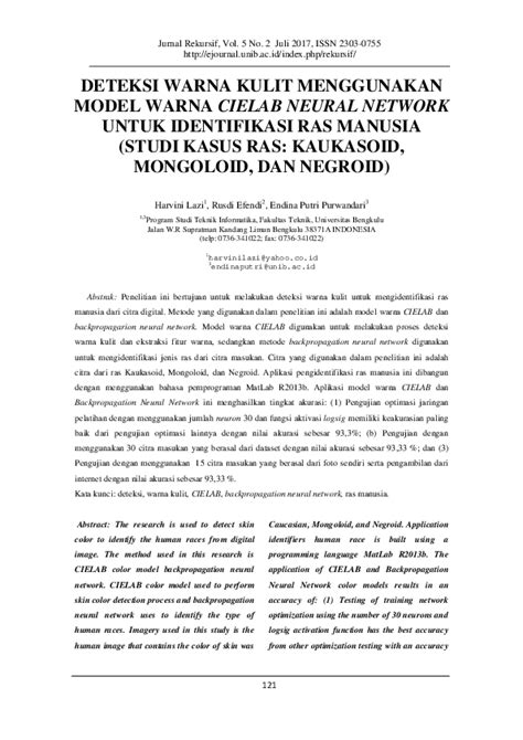 Pdf Deteksi Warna Kulit Menggunakan Model Warna Cielab Dan Neural Network Untuk Identifikasi