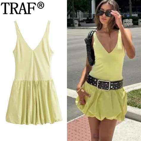 Traf Sleeveless Balloon Mini Dress Woman Pleated Slip Short Dresses