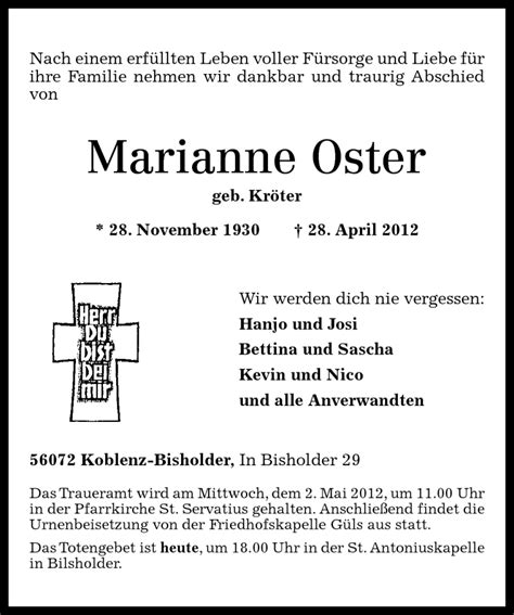 Traueranzeigen Von Marianne Oster Rz Trauer De