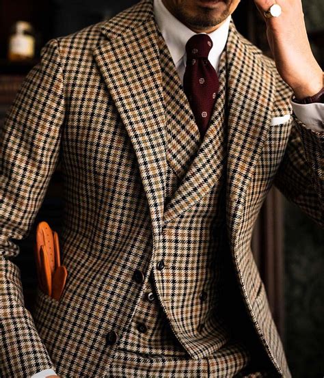 Brown Plaid Men Suit Notch Lapel Formal Party Prom Groom Tuxedo Wedding