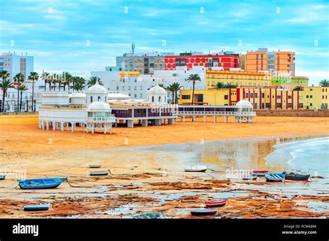a panoramic view of La Caleta Beach in Cadiz, Spain, in the Stock Photo ...