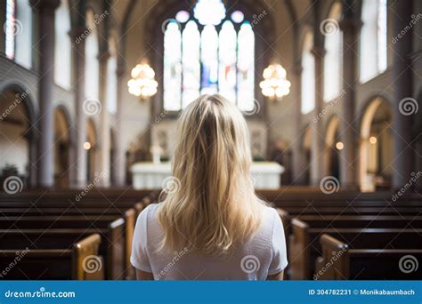 Back View Of Young Blond Woman In Catholic Church Stock Illustration