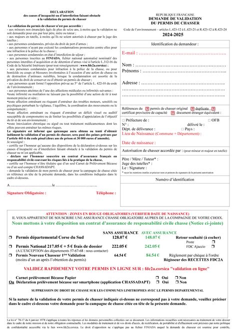 Imprimé de validation du permis de chasser 2024 2025 Fédération des