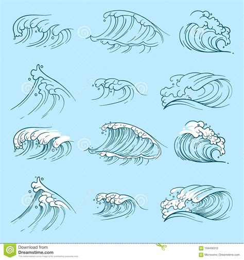 Ondas De Oceano Do Esboço Onda Tirada Mão Da Tempestade Do Mar