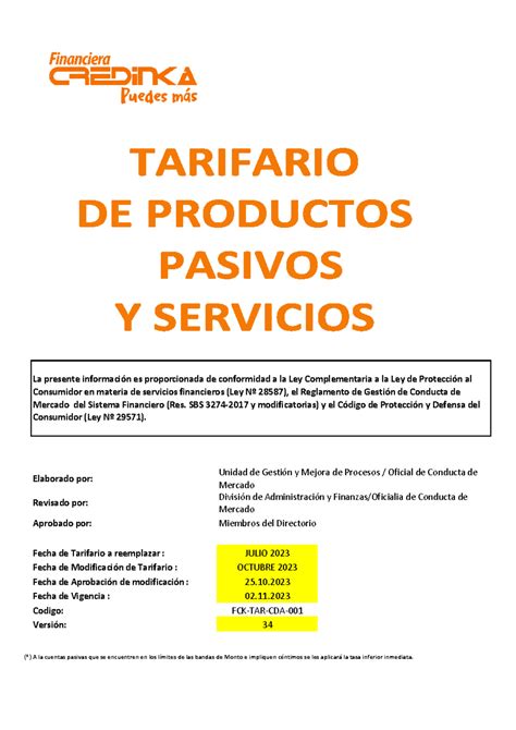 FCK TAR CDA 001 Tarifario De Productos Pasivos Y Servicios V34 La