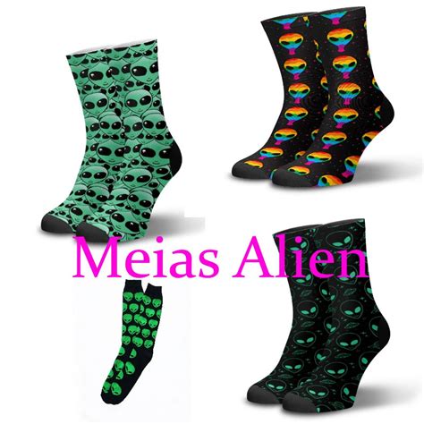 Meias Divertidas Cano Longo Cano Alto Alien Crossfit Academia Skate