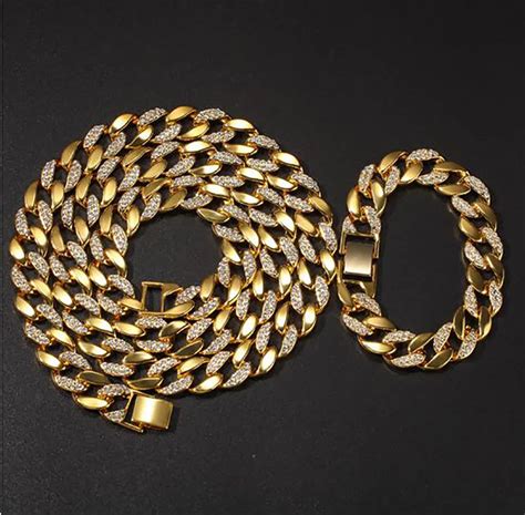 Mens Gold Iced Out 30inch Chaîne Cubaine Et 8inch Bracelet Set Bijoux