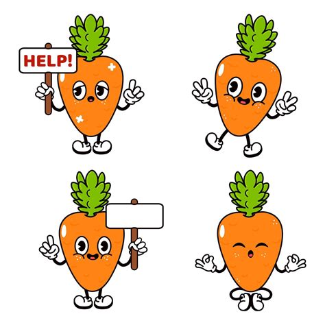 Funny Cute Carrot Characters Bundle Set Vector Hand Drawn Doodle Style Traditional Cartoon