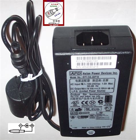 APD DA 60F19 AC Adapter 19VDC 3 16A 3x6 5mm 100 240vac Use Asian