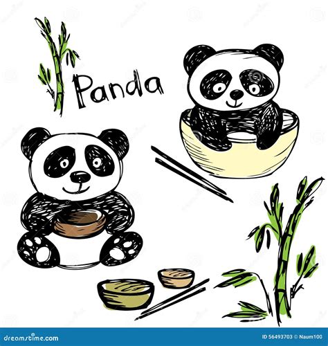 Cute Panda Eating ,bamboo, Chopsticks, Hand Drawing Stock Vector ...