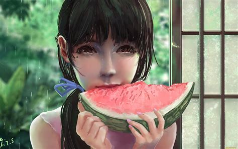 Barefoot Twintails Blonde Blush Black Eyes Food Fruit Summer Watermelons Anime Anime
