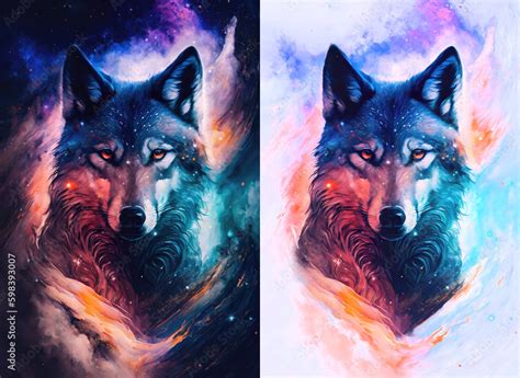 Watercolor galaxy painting illustration of a wolf with transparent ...