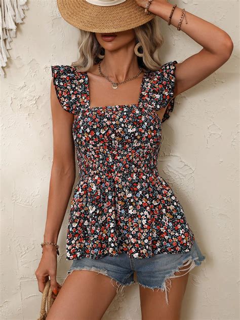 Shein Lune Ditsy Floral Print Ruffle Trim Peplum Blouse Shein Usa