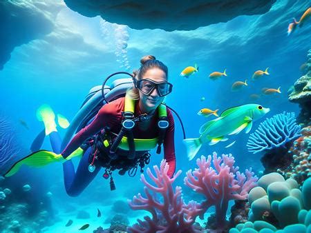 A Woman Scubas In The Ocean Surrounded By Fish Image Design ID