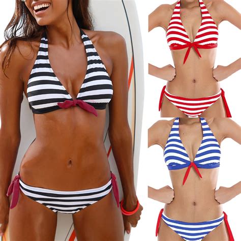 Womens Sexy Halter Top Bikinis Set Push Up Swimwear Bandage Padded