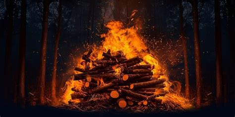 Premium Ai Image Big Bonfire With Flame In The Forest At Night