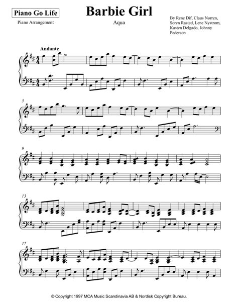 Barbie Girl Arr Piano Go Life By Aqua Sheet Music For Piano Solo At