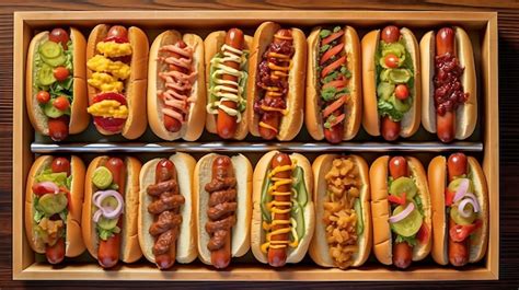 Premium AI Image | Hot dogs fully loaded with assorted toppings on a ...