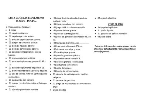 Lista Material Escolar Infantil 4 Anos Municipal - Lista de 4 Años Utiles Escolares 2024-1 | PDF