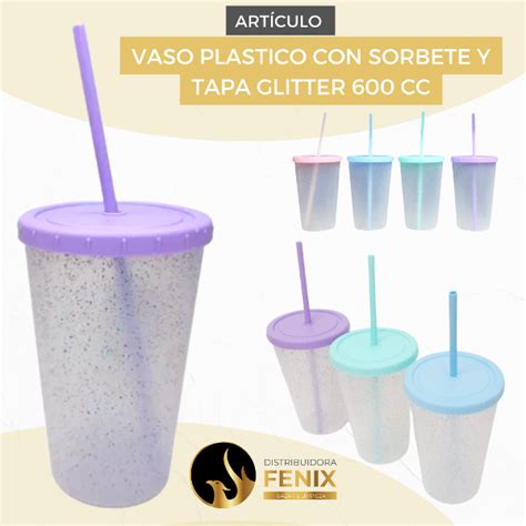 Vaso Plastico Con Sorbete Y Tapa Glitter Cc Distribuidora