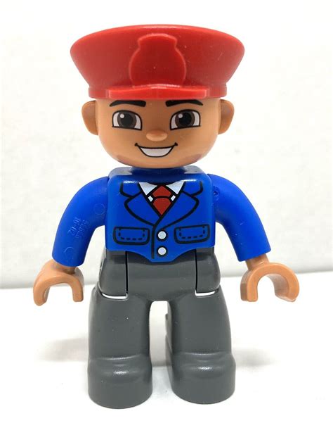 Lego Duplo Male Figure W Red Hat Blue Jacket Gray Pants Pilot Train