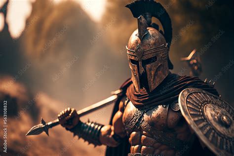 Illustration Of Spartan Warrior In Armor With Shield And Sword Antique