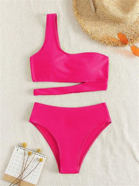 Conjunto De Bikini Unicolor Corte De Un Hombro Superior Y Bottom De