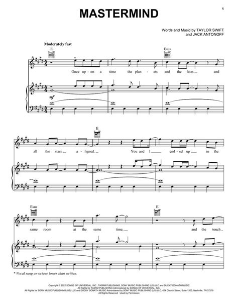 Taylor Swift Mastermind Sheet Music Notes Chords Sheet Music Notes