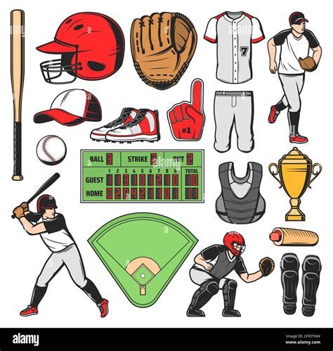 Baseball sport game equipment, players and field. Vector bat, ball and ...