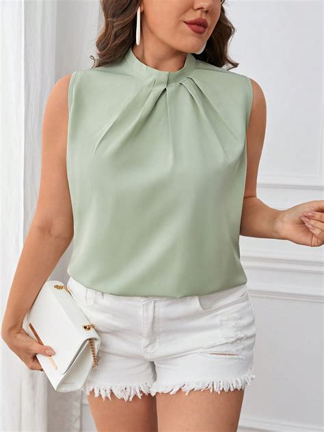 Shein Priv Plus Mock Neck Keyhole Back Sleeveless Blouse Shein Usa