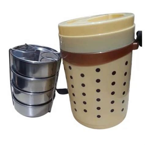 Plastic Cream Hot Meal Insulated Tiffin Lunch Box Capacity 320 Ml For Each Container Size 12