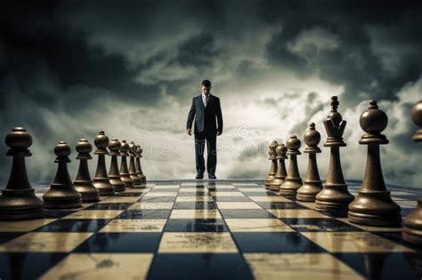 Businessman Standing On Chessboard With Chess Pieces On The Background