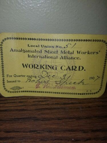 Vintage Amalgamated Sheet Metal Workers Union Card 1907 Ebay