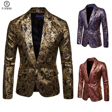 Gold Jacquard Bronzing Floral Blazer Men 2019 Brand New Mens Patchwork