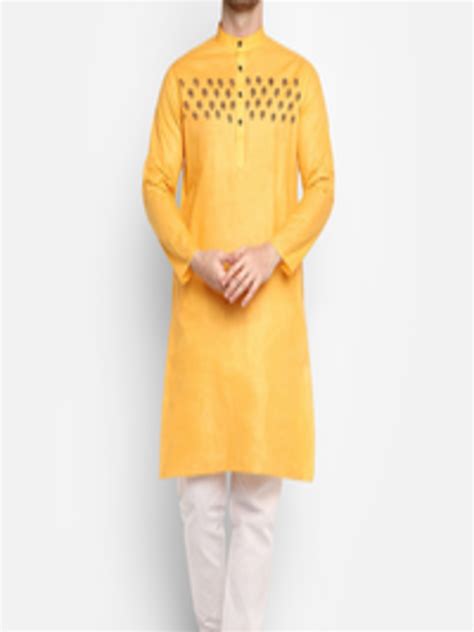 Buy DEVOILER Men Mustard White Yellow Ethnic Motifs Yoke Design Kurta