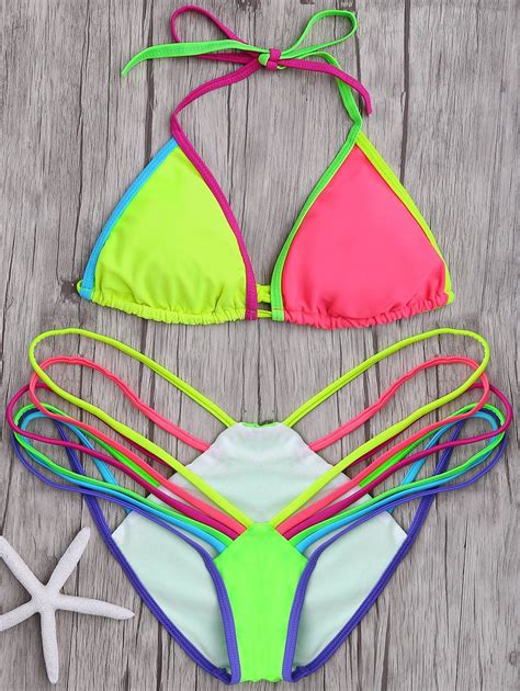 74 OFF Halter Colorful Strappy String Bikini Set Rosegal