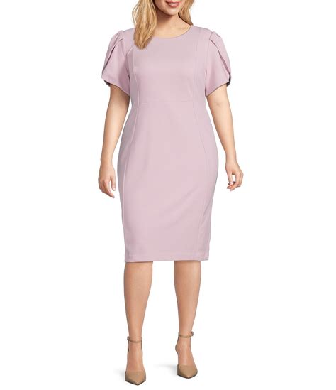 Calvin Klein Plus Size Round Neck Short Tulip Sleeve Scuba Crepe Sheath