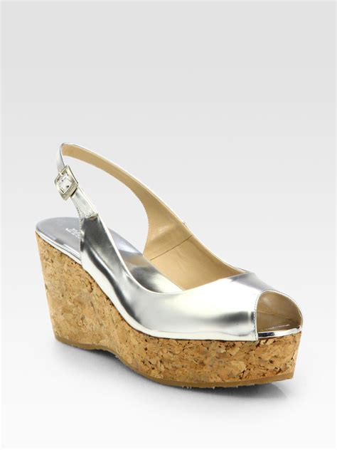 Jimmy Choo Praise Metallic Leather Cork Wedge Sandals In Silver Lyst