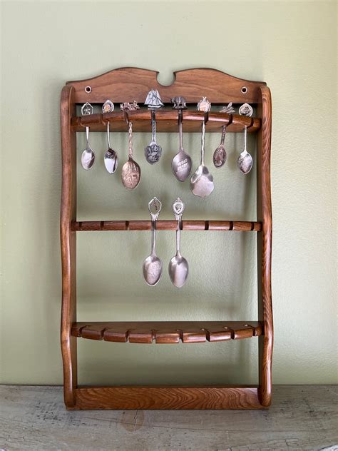 Vintage Wooden 24 Slot Spoon Rack With 10 Spoons Collectible Spoon Rack