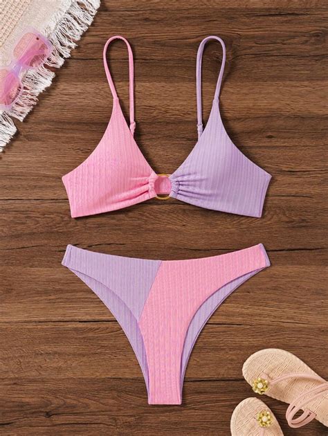 SHEIN Swim Color Block Bikini Set With Circular Detailing Triangle Cup