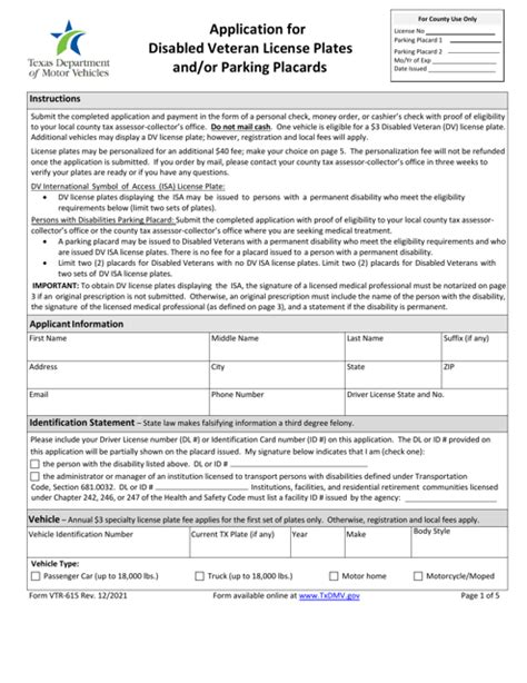 Form Vtr 615 Download Fillable Pdf Or Fill Online Application For Disabled Veteran License