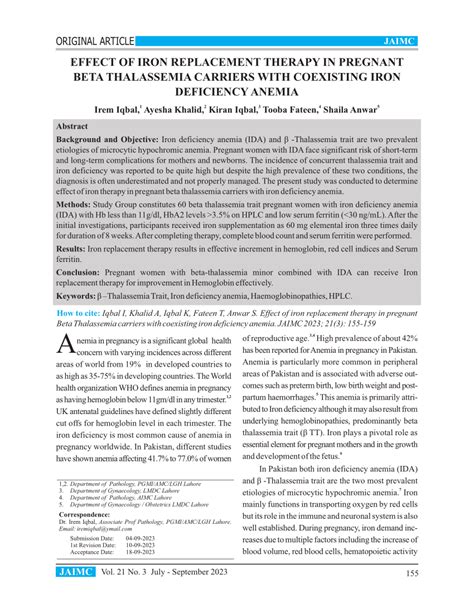 PDF Effect Of Iron Replacement Therapy In Pregnant Beta Thalassemia