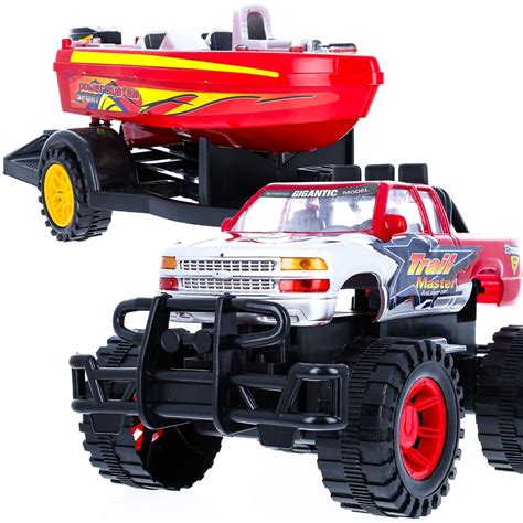 Toy Monster Truck Path Blazer Friction Power Speed Boat Hauler Vehicle with Trailer, Boys Ages 3 ...