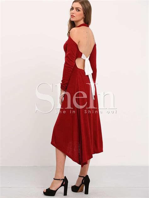 Burgundy Long Sleeve Backless Lace Up Asymmetric Dress Shein Sheinside